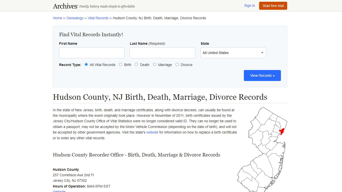 Hudson County, NJ Birth, Death, Marriage, Divorce Records - Archives.com